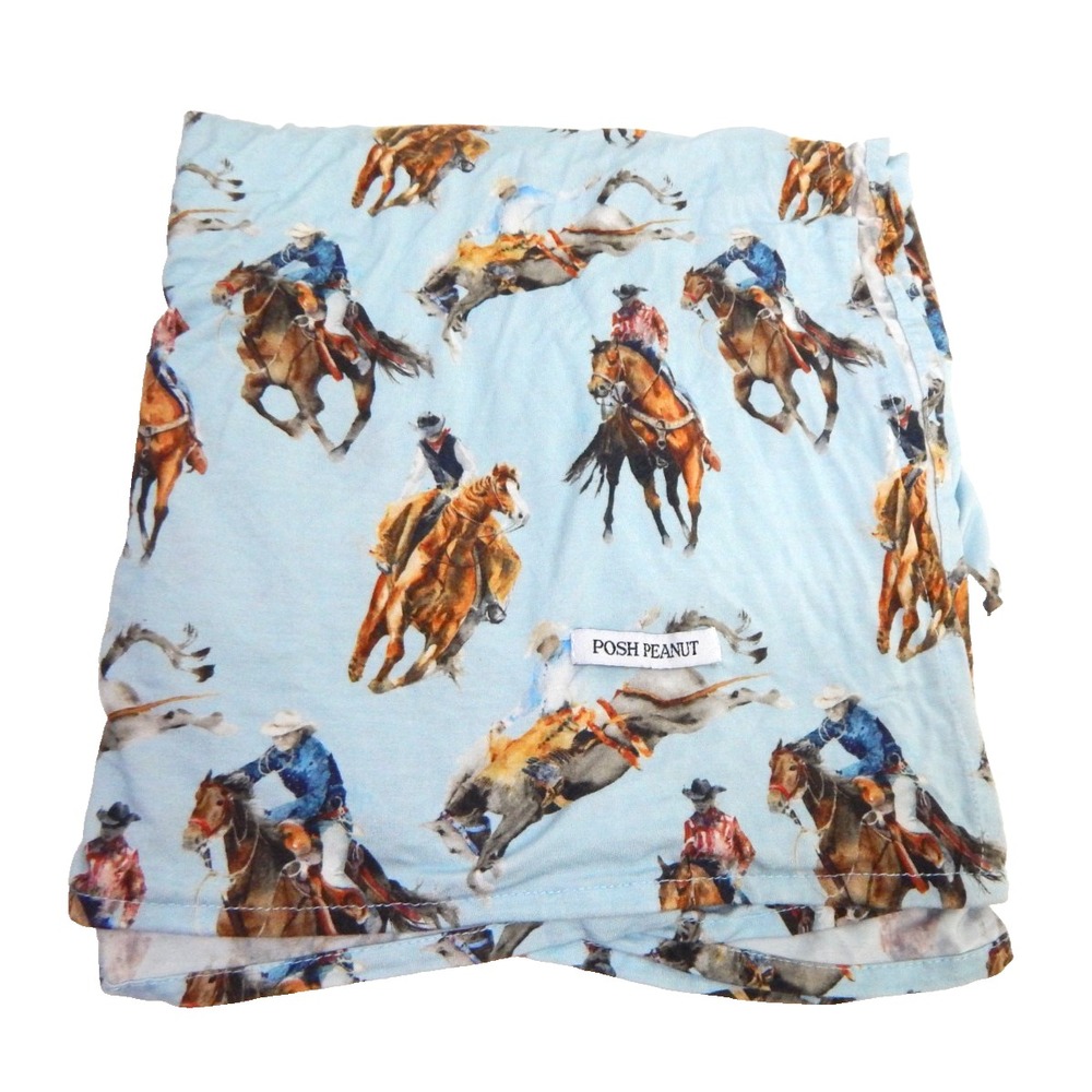 Posh Peanut Swaddle Blanket Brody Cowboy Horse Print Blue Bamboo Lightweight
